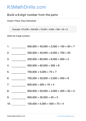 Grade 5 Place Value 6 Digit 100