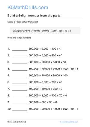 Grade 5 Place Value 6 Digit 50