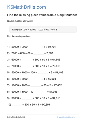 Grade 5 Place Value Missing 5 Digit 29