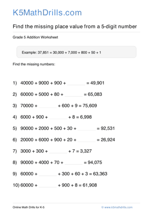 Grade 5 Place Value Missing 5 Digit 31