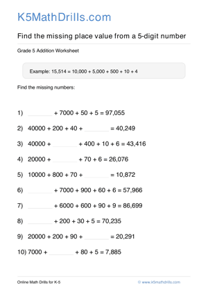 Grade 5 Place Value Missing 5 Digit 34