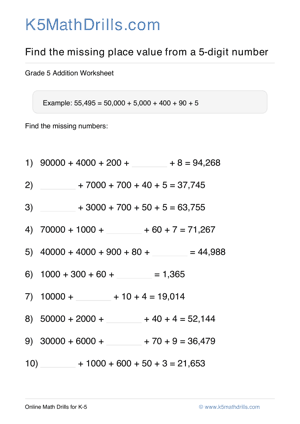 Grade 5 Place Value Missing 5 Digit 36