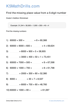 Grade 5 Place Value Missing 5 Digit 37