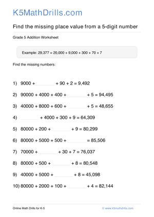 Grade 5 Place Value Missing 5 Digit 41