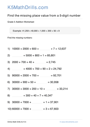 Grade 5 Place Value Missing 5 Digit 47