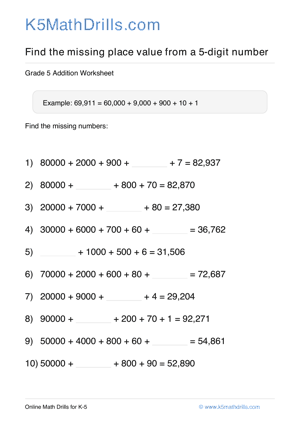 Grade 5 Place Value Missing 5 Digit 52
