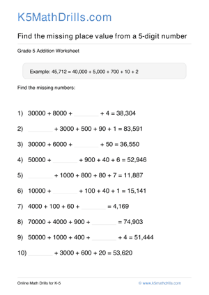 Grade 5 Place Value Missing 5 Digit 54