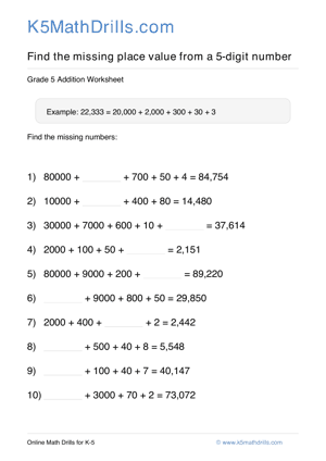 Grade 5 Place Value Missing 5 Digit 55