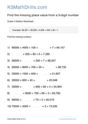 Grade 5 Place Value Missing 5 Digit 57