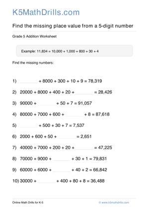 Grade 5 Place Value Missing 5 Digit 81