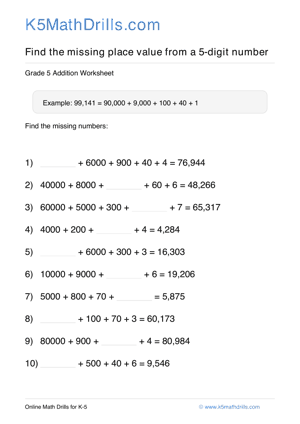 Grade 5 Place Value Missing 5 Digit 82