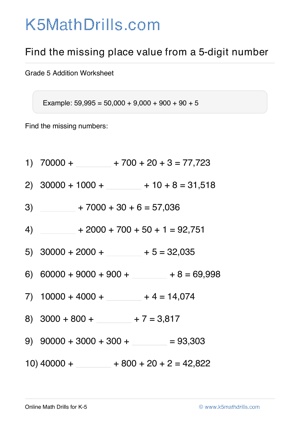 Grade 5 Place Value Missing 5 Digit 92