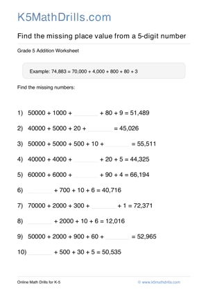 Grade 5 Place Value Missing 5 Digit 93
