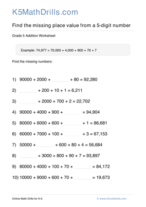 Grade 5 Place Value Missing 5 Digit 94