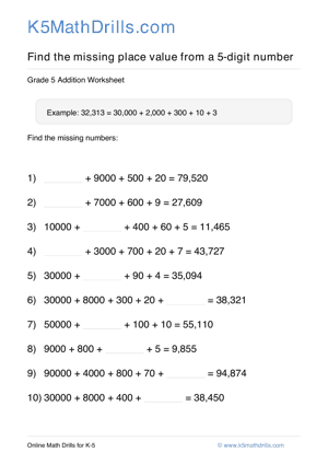 Grade 5 Place Value Missing 5 Digit 99