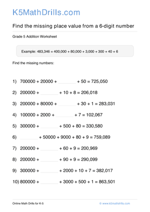 Grade 5 Place Value Missing 6 Digit 1