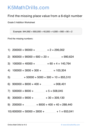 Grade 5 Place Value Missing 6 Digit 10