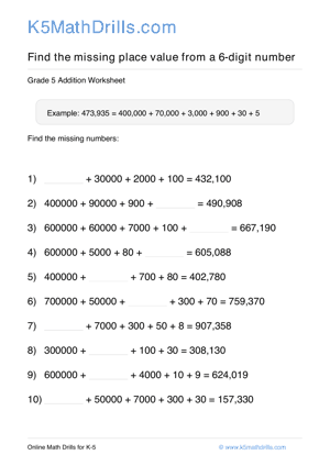Grade 5 Place Value Missing 6 Digit 60