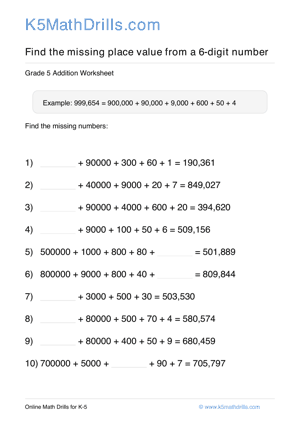 Grade 5 Place Value Missing 6 Digit 62