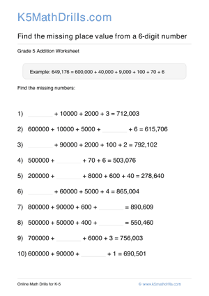 Grade 5 Place Value Missing 6 Digit 71