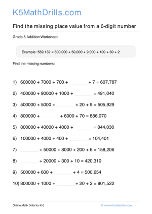 Grade 5 Place Value Missing 6 Digit 85