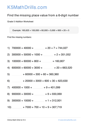 Grade 5 Place Value Missing 6 Digit 90